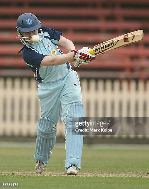 Alex Blackwell of the NSW Breakers hits a ball to the off-side during the 1st Final between the New South Wales Breakers and Queensland Fire at North...
