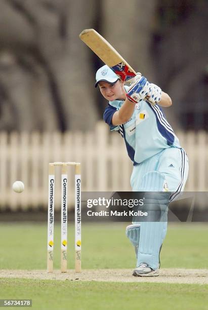 Leah Poulton of the NSW Breakers hits an off-drive during the 1st Final between the New South Wales Breakers and Queensland Fire at North Sydney Oval...