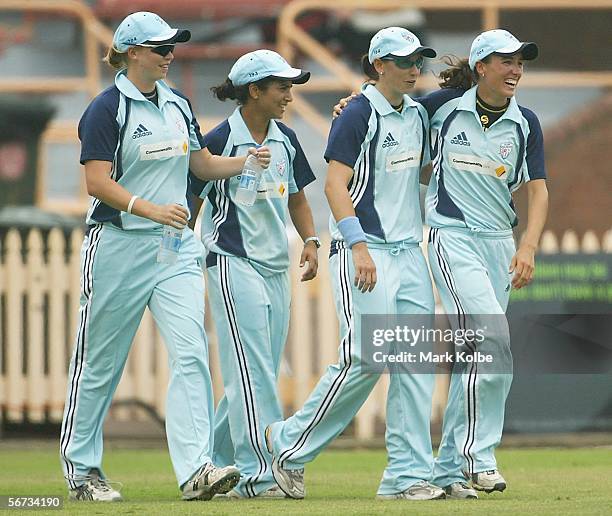 The NSW Breakers celebrate after taking a wicket during the 1st Final between the New South Wales Breakers and Queensland Fire at North Sydney Oval...