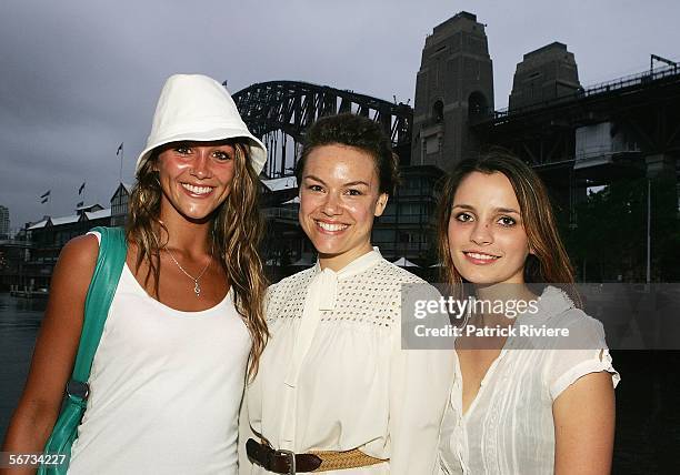 Actresses Sharni Vinson, Amy Mathiews and Jessica Tovey arrive at the Mercedes-Benz Start Up fashion show held at Pier 2 Walsh Bay on February 2,...