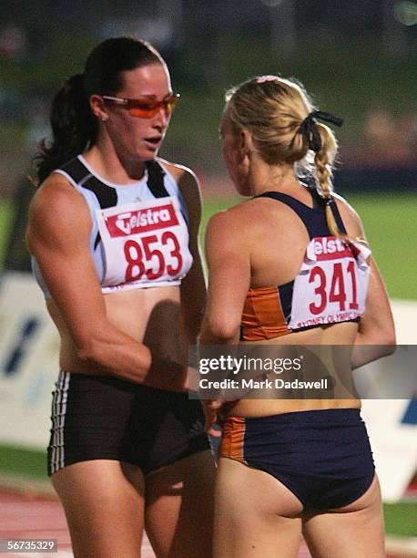 Jana Pittman and Tamsyn Lewis shake hands after running the Womens 400 Metres final during day two of the Athletics Australia Telstra A-series...