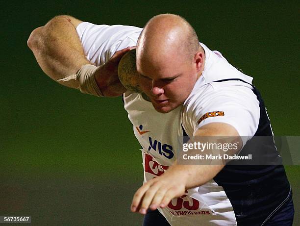 Scott Martin of the VIS competes in the Men's Shot Put final during day two of the Athletics Australia Telstra A-series National Championships at...