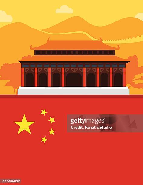 ilustrações, clipart, desenhos animados e ícones de illustrative representation of chinese pagoda and chinese flag - bandeira chinesa