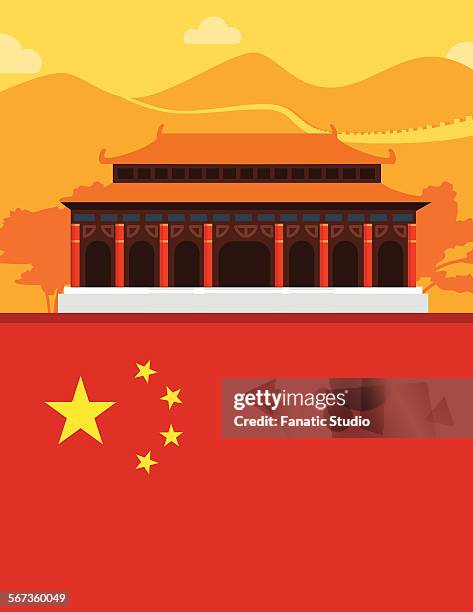 illustrative representation of chinese pagoda and chinese flag - architecture close up stock illustrations