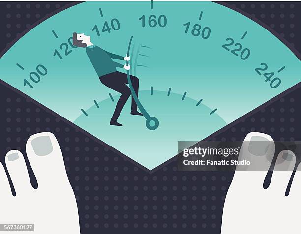 overweight man trying to reduce number on weight scale - essstörung stock-grafiken, -clipart, -cartoons und -symbole