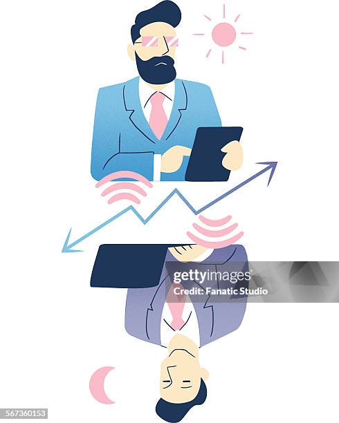two businessman communicating each other from different countries - reading email work stock illustrations