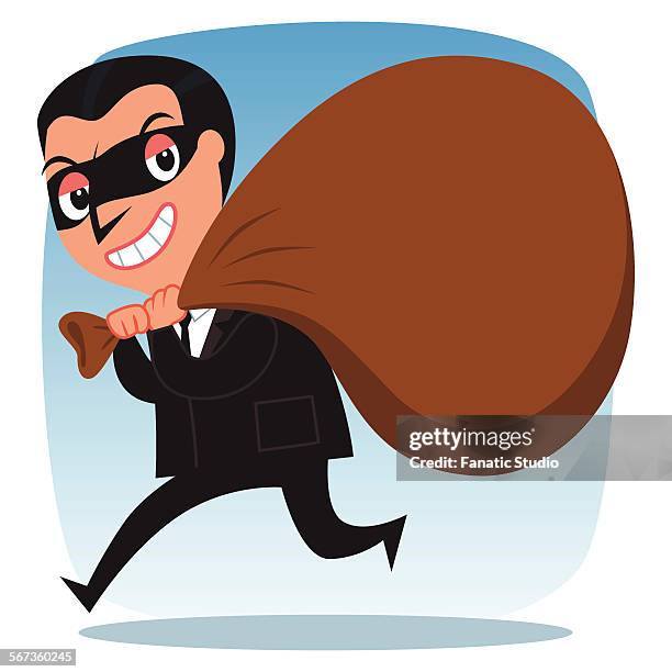 business thief sneaking out with sack of wealth on his shoulder - burglar carried stock illustrations