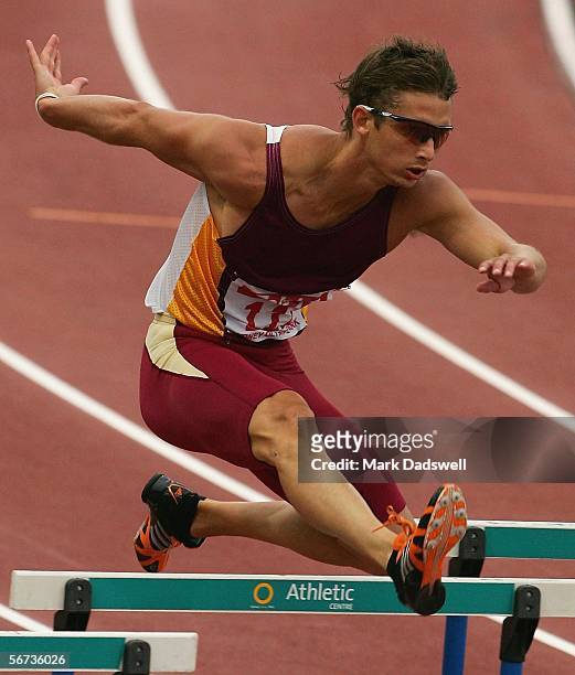 Brendan Cole of the ACT in action in the Men's 400 Metre Hurdles heats during day two of the Athletics Australia Telstra A-series National...