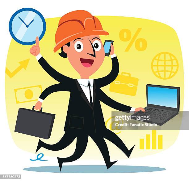 businessman multitasking around the clock - hard hat laptop stock illustrations