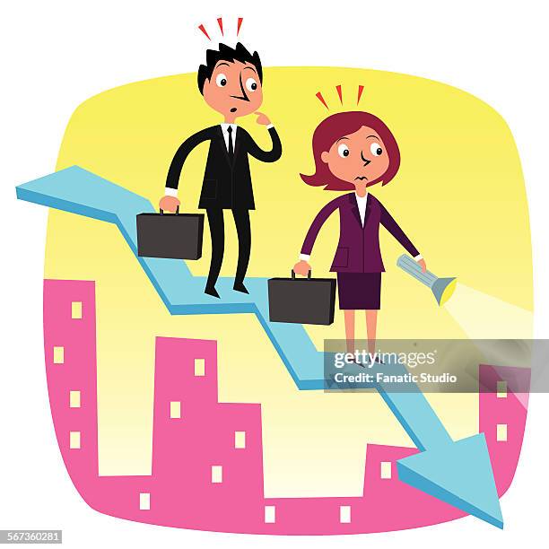 businesspeople walking on downfall graph with touch - holding flashlight stock illustrations