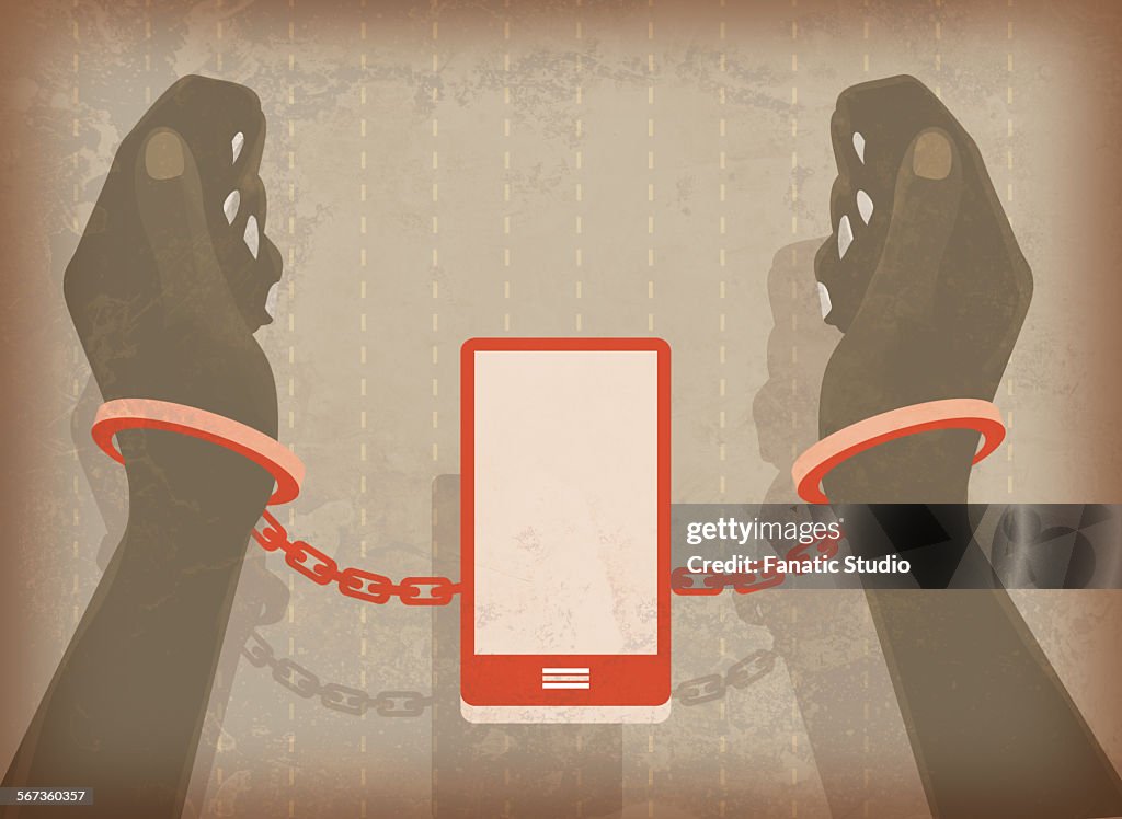 Illustration image of woman hands locked in handcuffs with mobile phone