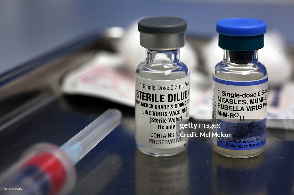 LOS ANGELES, CA-FEBRUARY 6, 2015:  A vial containing the MMR vaccine, right, and another vial contai