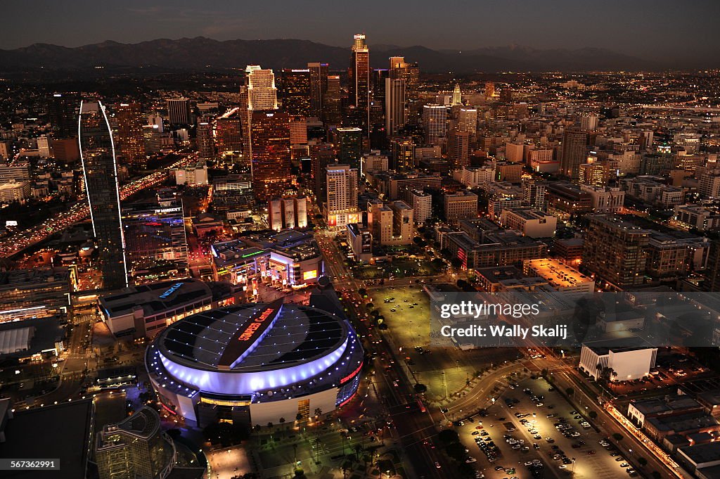 GRIFFITH PARK, CA  NOVEMBER 4, 2014 -- Aerial view of the downtown Los Angeles skyline with Staples 