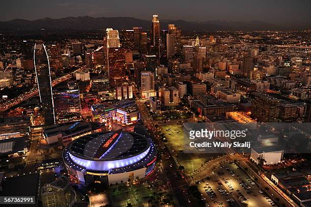 Aerial view of the downtown Los Angeles skyline with Staples Center and LA Live foreground left. Taken on November 4, 2014.