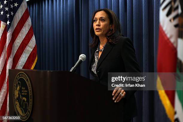 Attorney General Kamala D. Harris addresses a press conference held to discuss the verdict in the cyber exploitation trial in San Diego commonly...