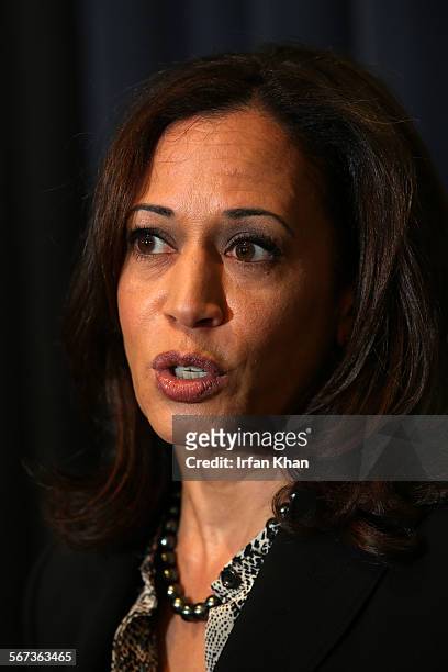 Attorney General Kamala D. Harris addresses a press conference held to discuss the verdict in the cyber exploitation trial in San Diego commonly...