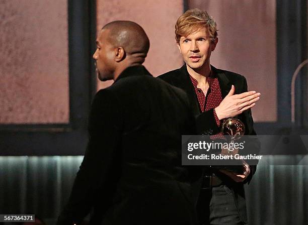 February 8, 2015 Kanye West avoids contact with an inviting Beck after Beck won Album of the Year at the 57th Annual GRAMMY Awards at STAPLES Center...