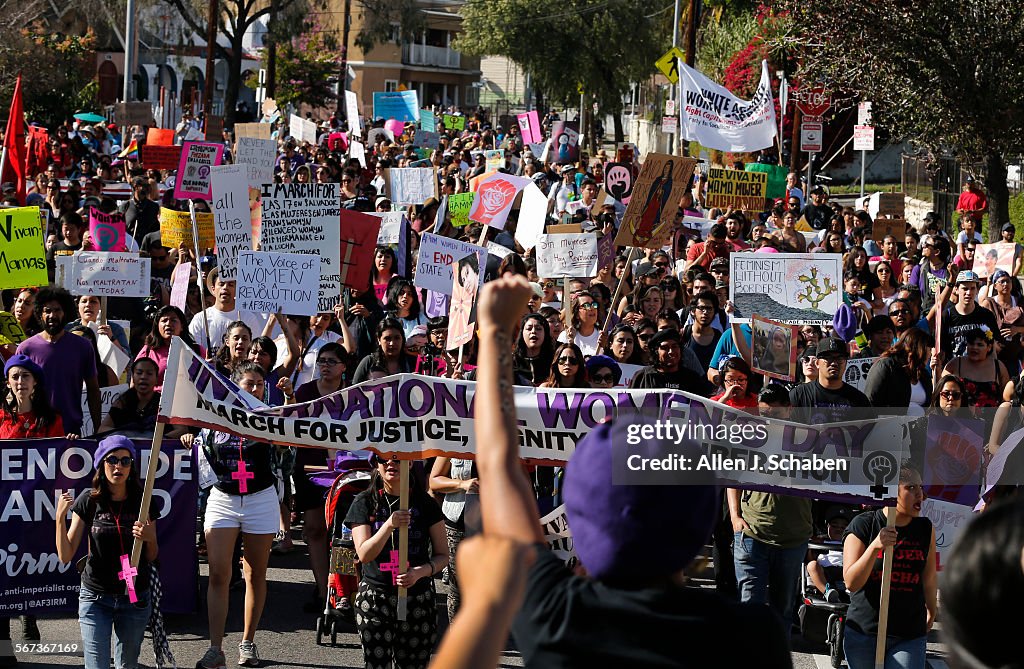 BOYLE HEIGHTS, CA.-MARCH 8, 2015: About 500 demonstrators participate in a march from LAPD Headquart