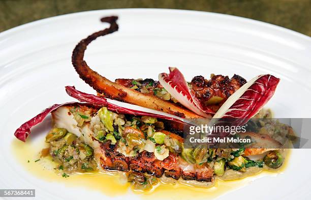 Grilled Octopus with green olive pistachio puree, and fingerling chips is on the menu at L.A. Chapter, a new, carefully cultivated brasserie on...