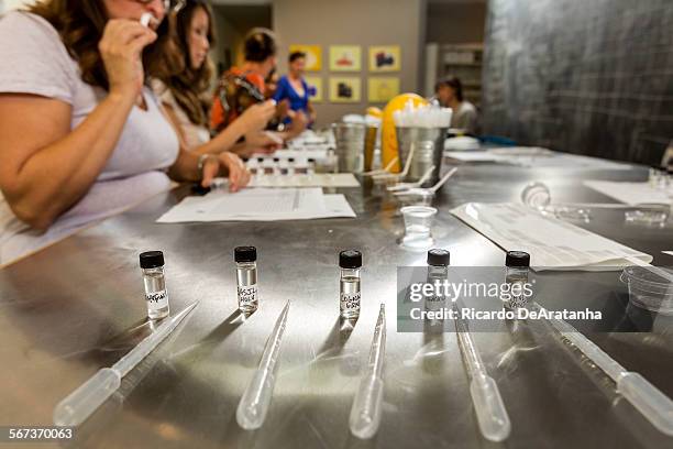 Scent viles and basters lined up on the table during a Perfume Mixing class at The Institute for Art and Olfaction perfume mixing lab, October 01,...