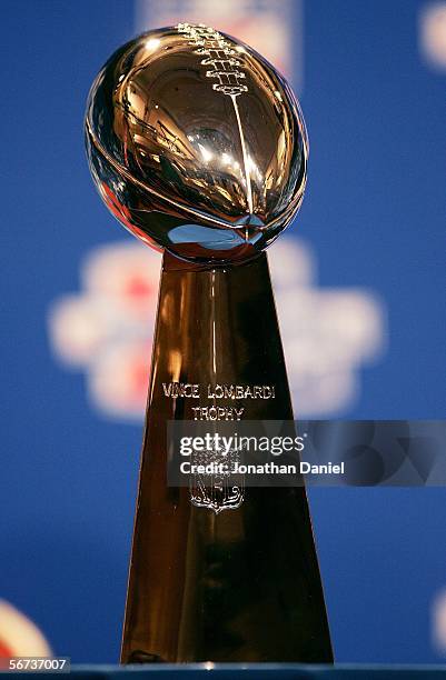 The Vince Lombardi Trophy, awarded to the winning team of the Super Bowl, is pictured during a press conference on February 3, 2006 at the...