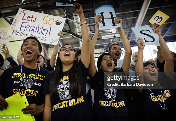February 02, 2013: Franklin Magnet School students, including Elijah Trinidad, Sabrina Velasco, Sandra Ruiz and Grace Punzalan, cheer on their...