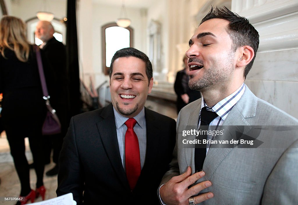 LOS ANGELES, CA - FEBRUARY 7 2012- Plaintiffs Paul Katami, right, and Jeff Zarillo, left, speak at a