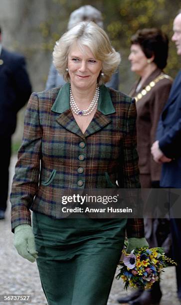 Camilla, Duchess of Cornwall arrives to open an art exhibition at the Holburne Museum on February 3, 2006 in Bath, England.