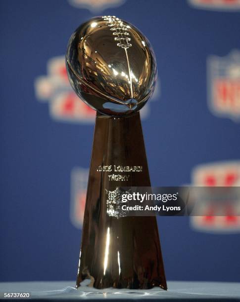 The Vince Lombardi Trophy sits on stage at the NFL Commissioner Paul Tagliabue's press conference on Feburary 3,2006 at the Renaissance Center in...