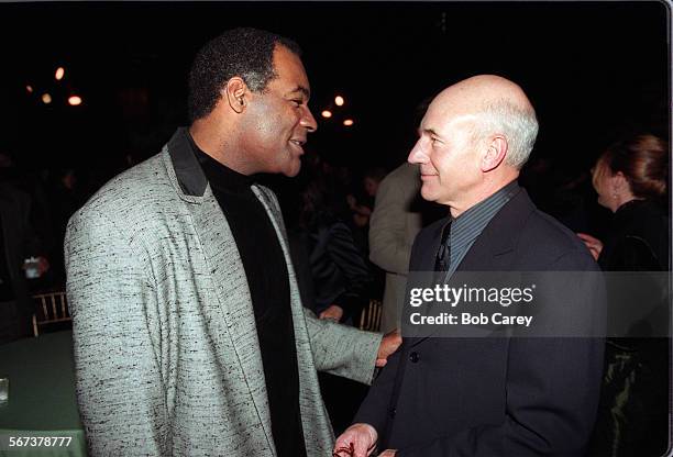 StarTrek.#1.1118.BC/aPatrick Stewart, right, Star Trek's Captain JeanLuc Picard, and Michael Dorn, who plays Worf, chat during premier party for...