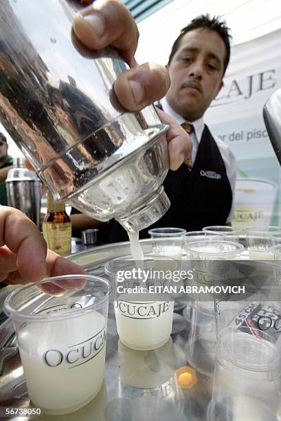 Barman pours "pisco sour" during a public toast as part of the celebrations of the Pisco Sour's National Day 03 February, 2006 in Lima. Pisco is the...