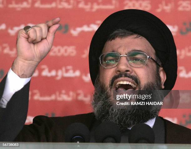 -- File picture dated 25 May 2005 shows the head of Lebanon's Shiite Muslim movement Hezbollah Sheikh Hassan Nasrallah addressing supporters in...