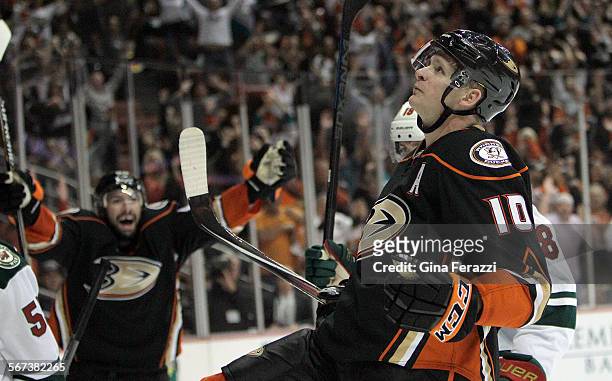 Anaheim Ducks right wing Corey Perry reacts after scoring the wining goal against Minnesota Wild goalie Darcy Kuemper in the third period at Honda...