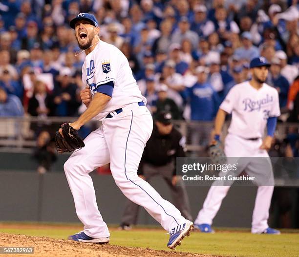 James Shields of the Kansas City Royals reacts after a strikeout to end the top of the sixth inning against the Los Angeles Angels during Game Three...