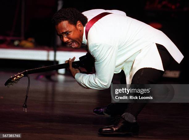 History.moon.0419.RLOrangeTony Odell Rogers plays the part of Chuck Barry singing Johnny B. Goode during the performance of The Story of Rock and...