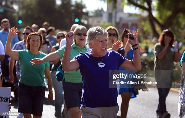 Congresswoman Julia Brownley rallies with supporters during the Thousand Oaks 50th Anniversary parade Saturday, Sept. 27, 2014.