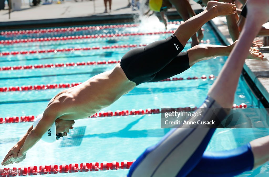 PASADENA, CA. - AUGUST 6, 2014:  Lucas McCrory, 20, who has dwarfism, competes in the 400-meter free