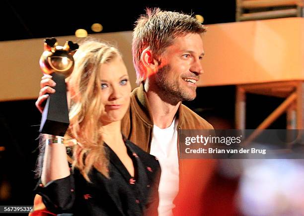 July 24 2014: 'Game of Thrones' actors Natalie Dormer, left, and Nikolaj Coster-Waldau, right, accept the 'OMG Moment of the Year' award for the...