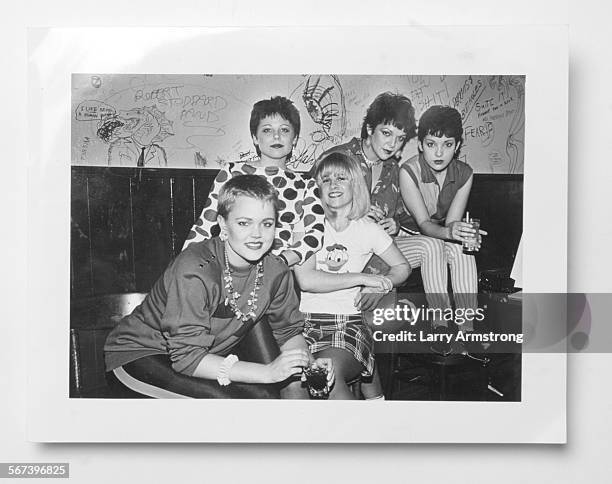 File photo of the GoGos backstage at the Whisky. From left: Belinda Carlisle, Gina Schock, Charlotte Caffey, former bassist Margot Olaverra and Jane...