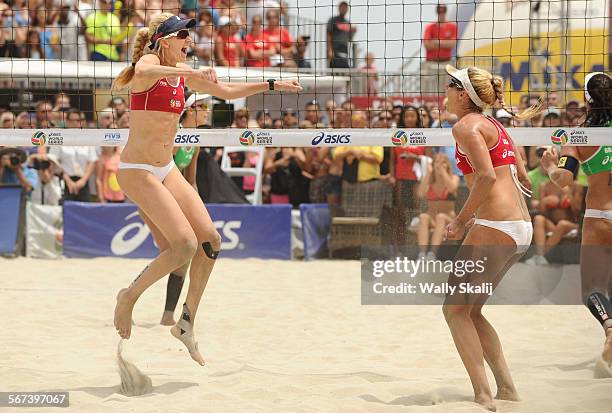 S Kerri Walsh-Jennings, left, celebrates with April Ross after defeating Brazil for the gold medal in the Asics World Series of Volleyball in Long...