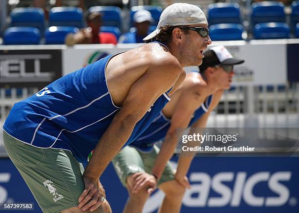 John Hyden left, and teammate Tri Bourne wait to receive a serve from a team from Poland during pool play on center court at the ASICS World Series...