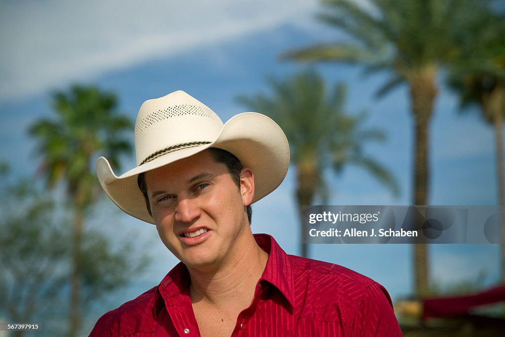 INDIO, CA-APRIL 25, 2014:  Country singer Jon Pardi hangs out near his trailer after performing on t