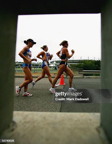 Jane Saville of the NSWIS leads the field on her way to winning the Women's 20k Race Walk during day three of the Athletics Australia Telstra...