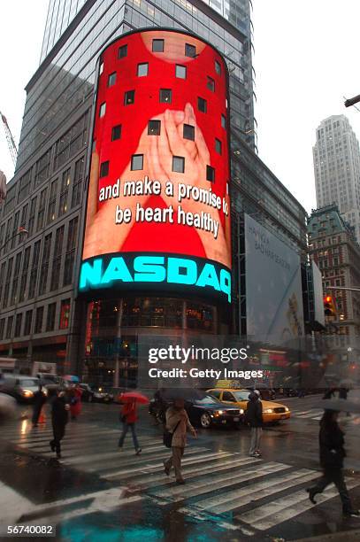 In recognition of National Wear Red Day on Friday Feb 3, the NASDAQ Jumbotron displays The American Heart Association's "Go Red For Women" campaign...