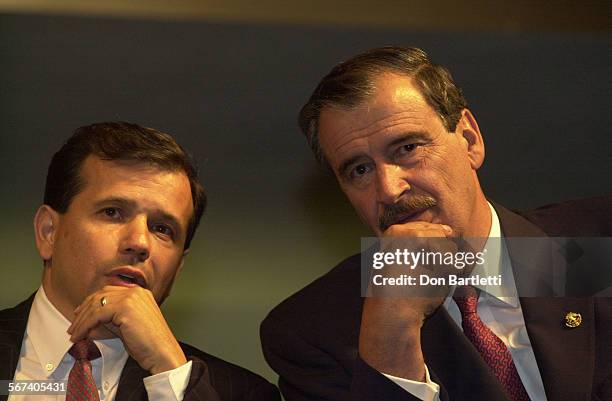 Santa Ana, California mayor Miguel Polido and Mexican president Vicente Fox talk tonight at the inauguration of the new MexicoCalifornia...