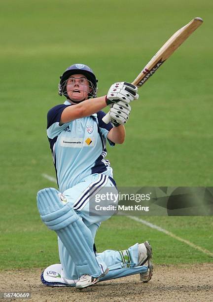 Jenny Wallace of the Breakers hits out for four during the 2nd Final between the New South Wales Breakers and the Queensland Fire at North Sydney...