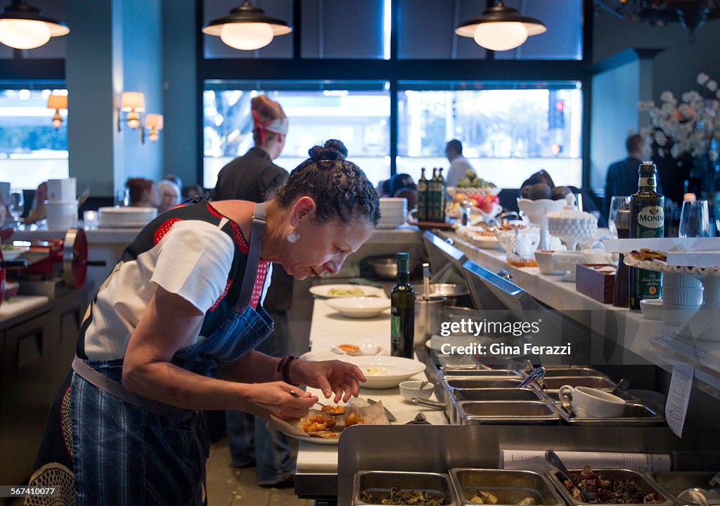 LOS ANGELES, CA - APRIL 14, 2014: Famed chef Nancy Silverton prepares a signature antipasti course a