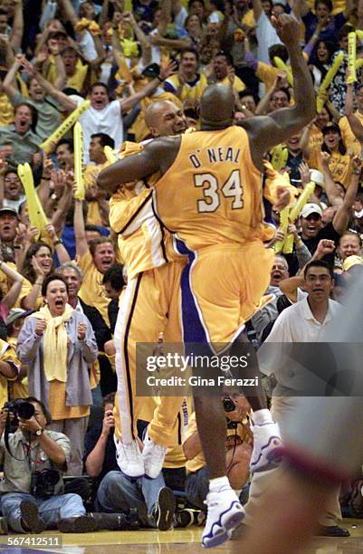 Lakers11.GF Lakers Shaquille O'Neal and Derek Fisher celebrate O'Neal's momentum surging dunk shot in the 4th quarter in Game 7 of the Western...