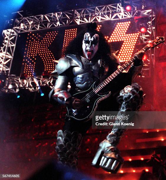 Gene Simmons, member of the rock group KiSS,. As the band performed at the Pond.