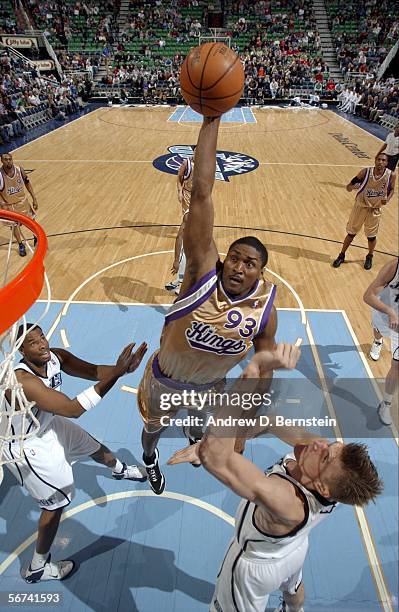 Ron Artest of the Sacramento Kings shoots against Andrei Kirilenko of the Utah Jazz at the Delta Center on February 3, 2006 in Salt Lake City, Utah....